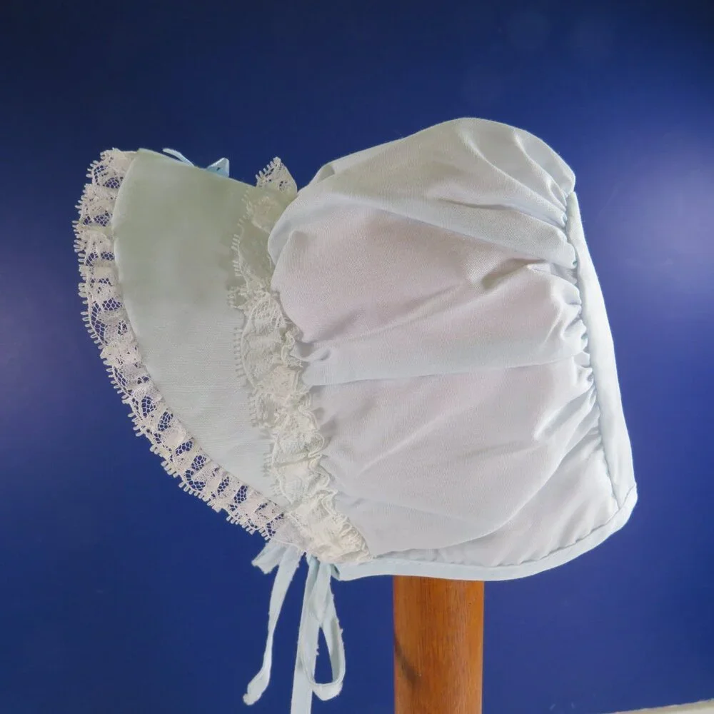 Baby Light Blue & White Bonnet Ruffled semi stiff brim closed back 11